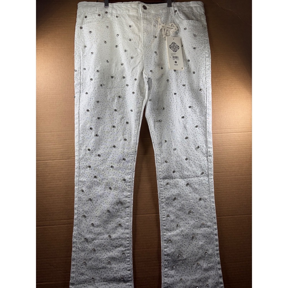GUAPI Rhinestone Jeans Mens 42x36 White Crystal Embellished Stretch Denim NWT